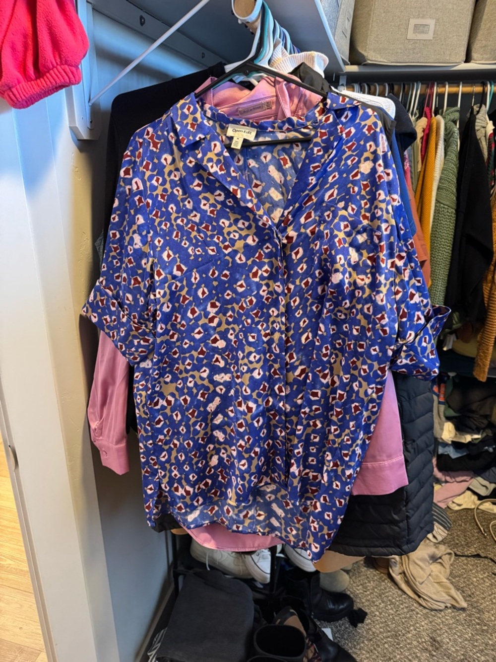 Blue Abstract Print Button-Front Blouse